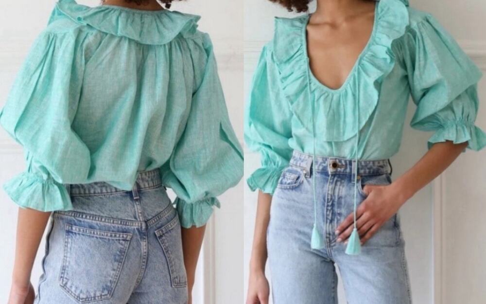 Mille Resort & Travel | May Top Green White Stripe Linen Ruffle Blouse | Sz XXS